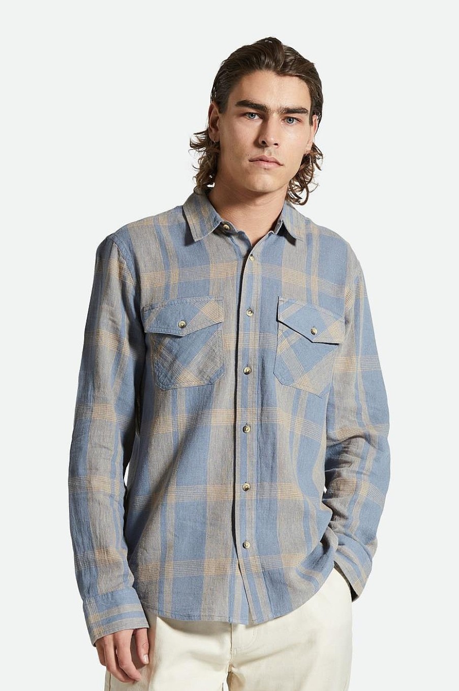 Brixton L/S-Hemd „Memphis" Aus Leinenmischung Feuersteinblau/Sand Button-Ups